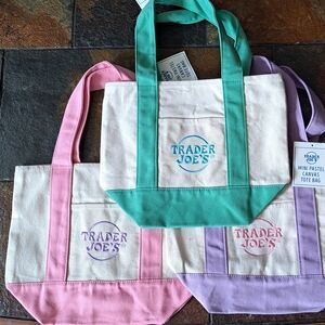 3 Trader Joe's NWT Pastel Mini Tote Bag Set - Pink, Green, and Purple